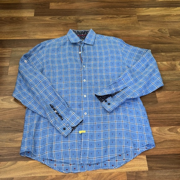 Bugatchi White & Blue Classic Fit Linen Button Down Shirt - Size Large - Picture 1 of 6